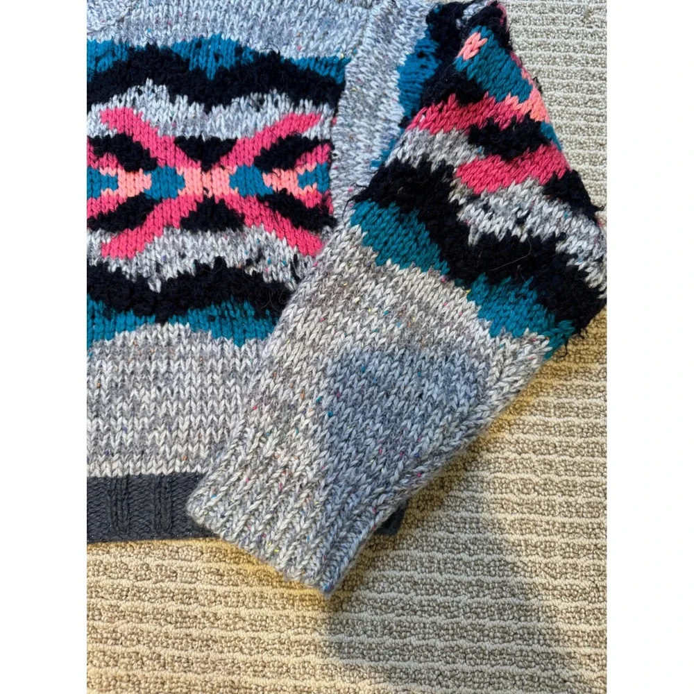 Free People Grey Pink Teal Geometric Intarsia Wool Alpaca Blend‎ Cropped Sweater